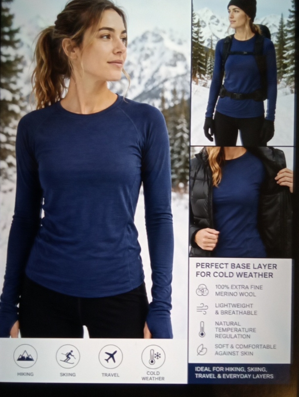 Womens Long Sleeve Extra Fine Merino Wool Baselayer Long Sleeve Navy Top S/P